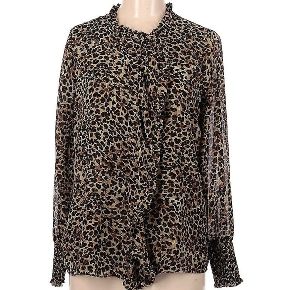 T Tahari Leopard Print Ruffle Button Front Blouse Size Medium - Picture 3 of 7